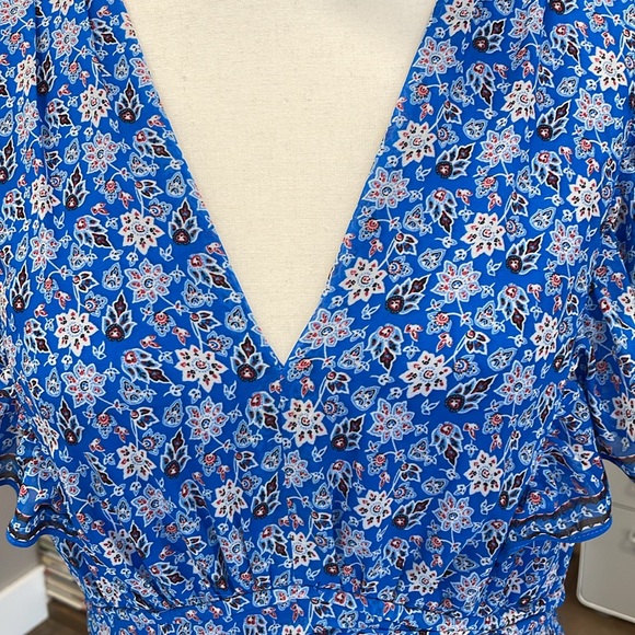 Max Studio V-Neck Flutter Sleeve Short Mini Dress Blue Floral Rosette Small - Picture 5 of 9